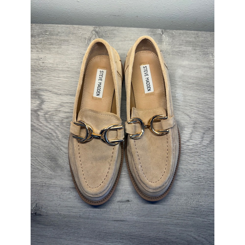 Steve Madden Sheyla Tan Suede Horsebit Loafers Gold Chain Lug Sole 7.5M